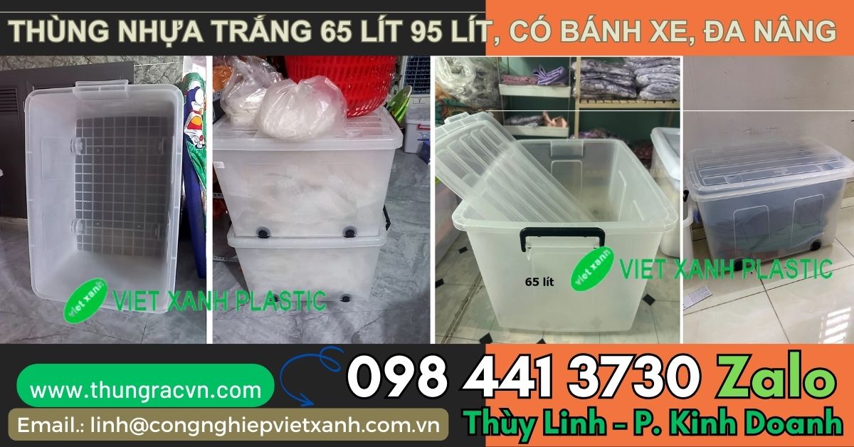 Thùng nhựa trắng đa năng 65 lít và 95 lít có bánh xe