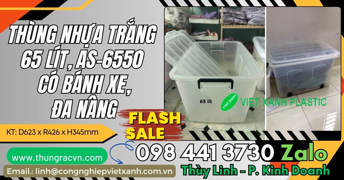 Thùng nhựa Trong đa nâng 65 lít có bánh xe và nắp