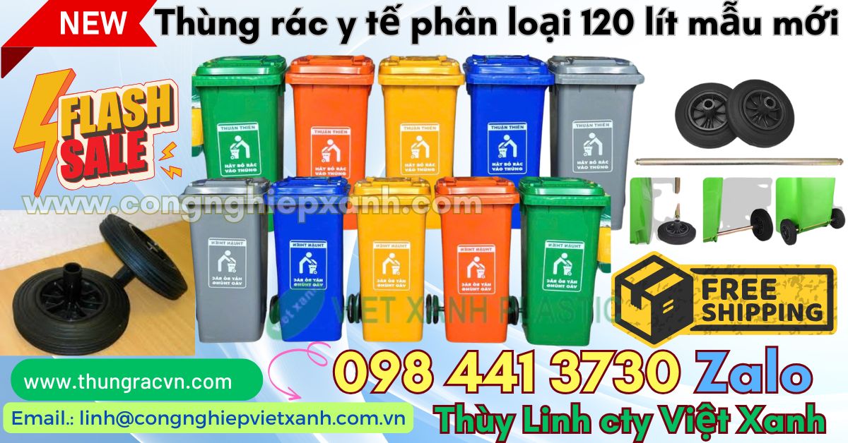 Thùng rác phân loại y tế 120L xanh cam vàng