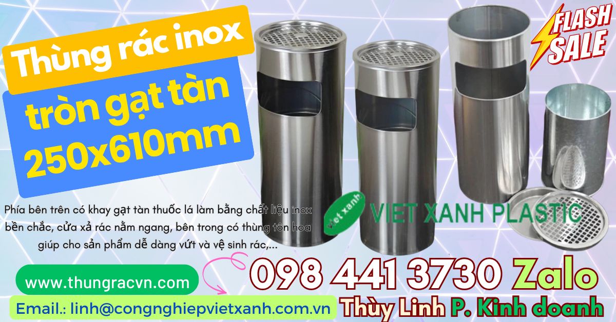 Thùng rác inox tròn gạt tàn 250x610mm