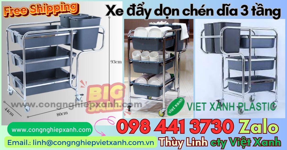 Xe đẩy 3 tầng dọn chén dĩa