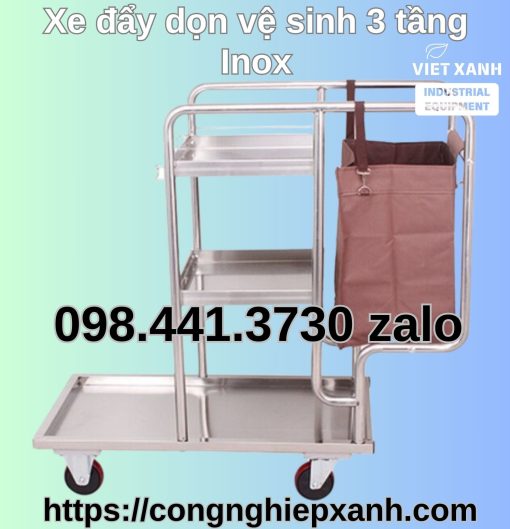 Xe đẩy inox 3 tầng dọn vệ sinh