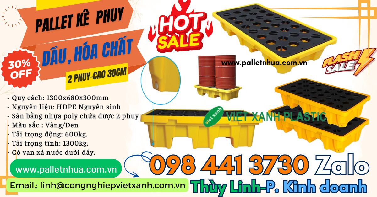 Pallet kê phuy dầu chống tràn cho 2 phuy cao 30cm