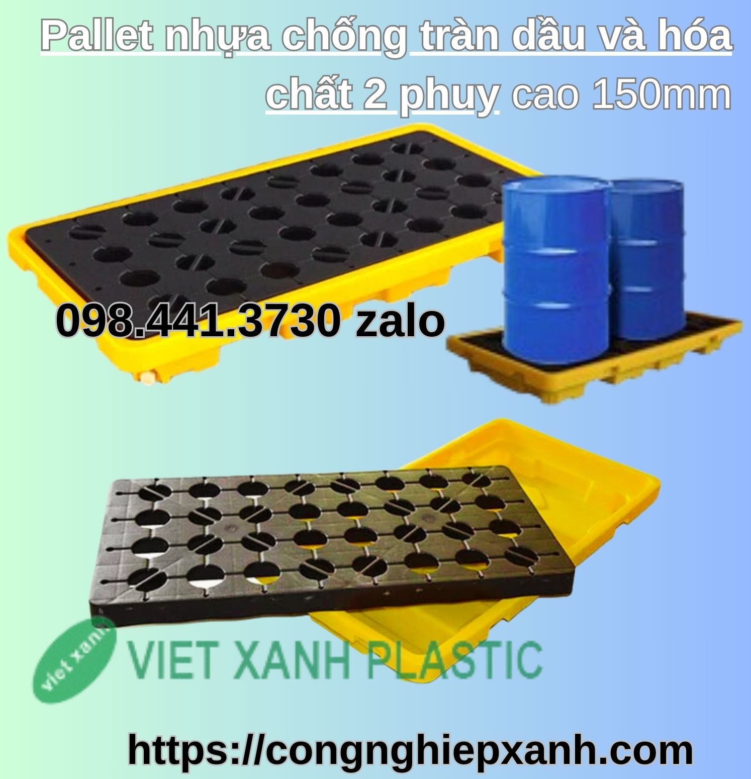 Pallet nhựa chống tràn hóa chất 2 phuy cao 150mm