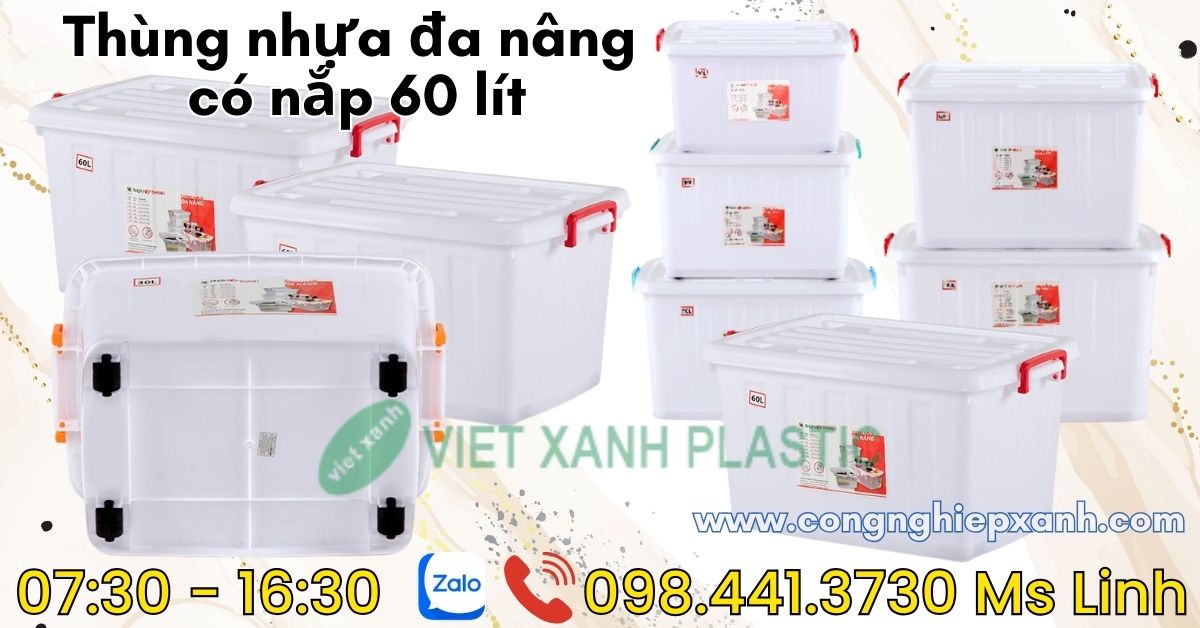 Thùng nhựa đa năng có nắp bánh xe 60 lít